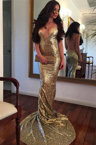 Sexy Deep V-neck Mermaid Backless Sparkly Prom Dress For Teens K761