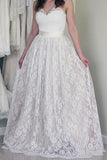 Sweetheart Sleeveless Long White Lace A Line Wedding Dresses with Belt OK528