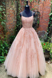 A Line Pink Tulle Lace Appliqued Long Prom Dress With Straps OK1041