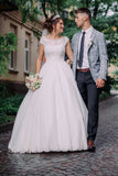 Charming Round Neck Cap Sleeves Appliques Lace Ball Gowns Wedding Dress OK1054