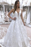 Elegant A-Line V-Neck Sleeveless Lace Affordable Long Wedding Dress OK1154