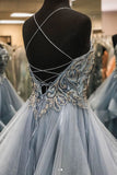 Gray Tulle Beads Long Prom Dresses A Line Formal Evening Dresses OKQ33