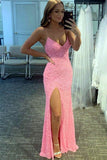 Flattering Mermaid Hot Pink Sequins Long Prom Party Dress With Slit OK1309