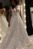 A-Line V-neck Sparkly Wedding Dress Sequin Backless Prom Bridal Dress OK1206