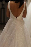 A-Line V-neck Sparkly Wedding Dress Sequin Backless Prom Bridal Dress OK1206