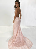 Amazing Pearl Pink Mermaid V Neck Lace Long Backless Prom Dress OK1033