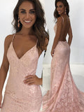 Amazing Pearl Pink Mermaid V Neck Lace Long Backless Prom Dress OK1033