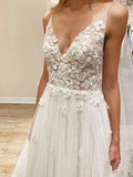 V Neck Tulle Appliques A Line Spaghetti Straps Beach Wedding Dresses OK1794