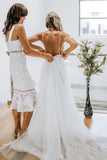 A Line Tulle V Neck Backless Lace Top Beach Wedding Dresses OK1793