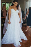 Sweetheart Lace Plus Size A Line Off White Long Beach Wedding Dresses OK1790