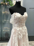 Ivory Sweetheart Tulle A Line Off Shoulder With Floral Patterns Beach Wedding Dresses OK1788