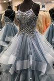Gray Tulle Beads Long Prom Dresses A Line Formal Evening Dresses OKQ33