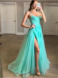 Turquoise Spaghetti Straps Split Evening Dress Appliqued Backless Long Prom Dress OK1331