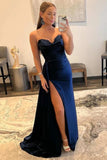 Navy Blue Sweetheart Sheath Long Prom Dress with Slit Evening Party Dresses OK1897