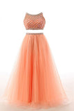 Two Pieces Orange Red Beaded Long Prom Graduation Dress ED0965