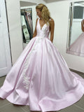 Ball Gown Light Pink Satin V Neck Long Lace Appliques Prom Dress Evening Dress OK1196