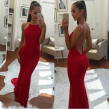 Simple Spaghetti Straps Backless Red Prom Dresses,Long Mermaid Formal Dresses OKI38