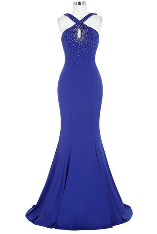 Royal Blue Open Back Long Mermaid Beaded Sexy Prom Dress K739