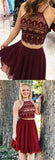 New Arrival Two Piece A Line Short Burgundy Chiffon Homecoming Dresses OKB15