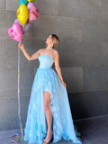 Light Blue Elegant Strapless High Low Long Prom Dress With Appliques OKT38