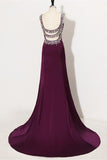 Sweep Train Plum Beaded Long Front Split Mermaid Prom Dress For Teens K740