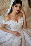 A Line Off The Shoulder Tulle Wedding Dress With Lace Appliqued OKE66