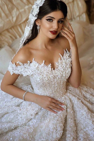 A Line Off The Shoulder Tulle Wedding Dress With Lace Applique OKE66