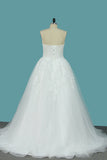 Sweetheart Tulle A Line Wedding Dress With Applique Beads Sweep Train OKE75