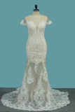 Scoop Short Sleeve Mermaid Tulle Lace Appliques Wedding Dresses OKE76