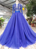 Royal Blue Tulle Long Sleeves Prom Dress, Quinceanera Dresses OKK8