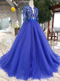 Royal Blue Tulle Long Sleeves Prom Dress, Quinceanera Dresses OKK8