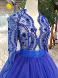 Royal Blue Tulle Long Sleeves Prom Dress, Quinceanera Dresses OKK8