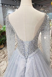 Long Sleeves V Neck Tulle A Line Sequins Prom Dress OKK10