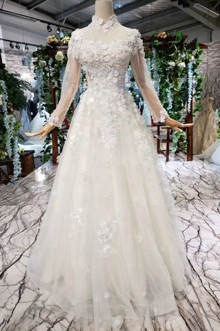 Prom Dress Tulle High Neck Long Sleeves Handmade Flowers OKK12