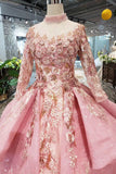 New Arrival Pink Prom Dress Long Sleeves Ball Gown High Neck Quinceanera Dresses OKK17