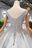 New Arrival Wedding Dress V Neck Lace Up Back Beads Prom Dress Tulle OKL17