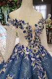 Scoop Long Sleeves Lace Up Back Blue Appliques Prom Dress OKL23