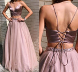 Sexy Spaghetti Straps Two Piece Tulle A-line Pink Prom Dress With Beading OKZ88