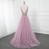 Deep V Neck Long A-line Prom Dress Rhinestones Beaded Tulle V Back Girl Party Gown OKW67