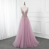 Deep V Neck Long A-line Prom Dress Rhinestones Beaded Tulle V Back Girl Party Gown OKW67