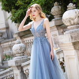 A-line Crystal V Neck Long Prom Dress Tulle Beaded Sleeveless Party Gown OKW60