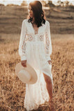 A-line Long Sleeves Lace Beach Wedding Dress Long Slit Bridal Gowns OKX88