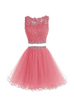 Two Pieces A Line Tulle Applique Short Homecoming/Prom Dress With Beads OK341