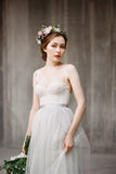 Spaghetti Straps Backless Grey Tulle Long Wedding Dress With Lace Applique OK531