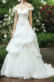 Ivory Long V-neck Off Shoulder Lace Up Beading Wedding Dress W37