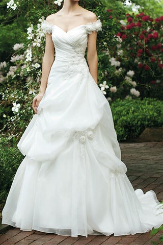 Ivory Long V-neck Off Shoulder Lace Up Beading Wedding Dress W37