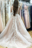 Elegant A-Line V-Neck Long Tulle Backless Wedding Dresses with Beading Appliques OK561