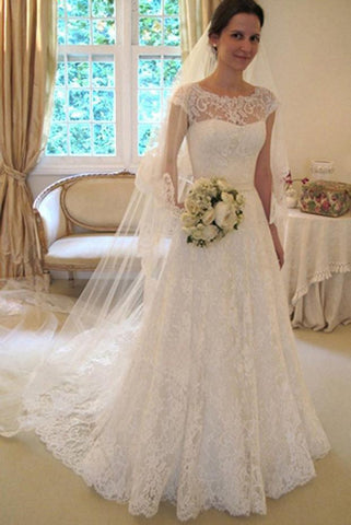 Cap Sleeve Lace A-Line Long Affordable Wedding Dresses OKC70