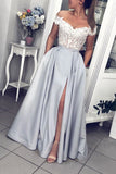 Gray Lace Appliques Off Shoulder Satin Long Prom Dresses With Pockets Evening Dress OKQ42