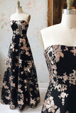 A Line Strapless Black Sequin Long Prom Dresses Charming Evening Dress OKQ48